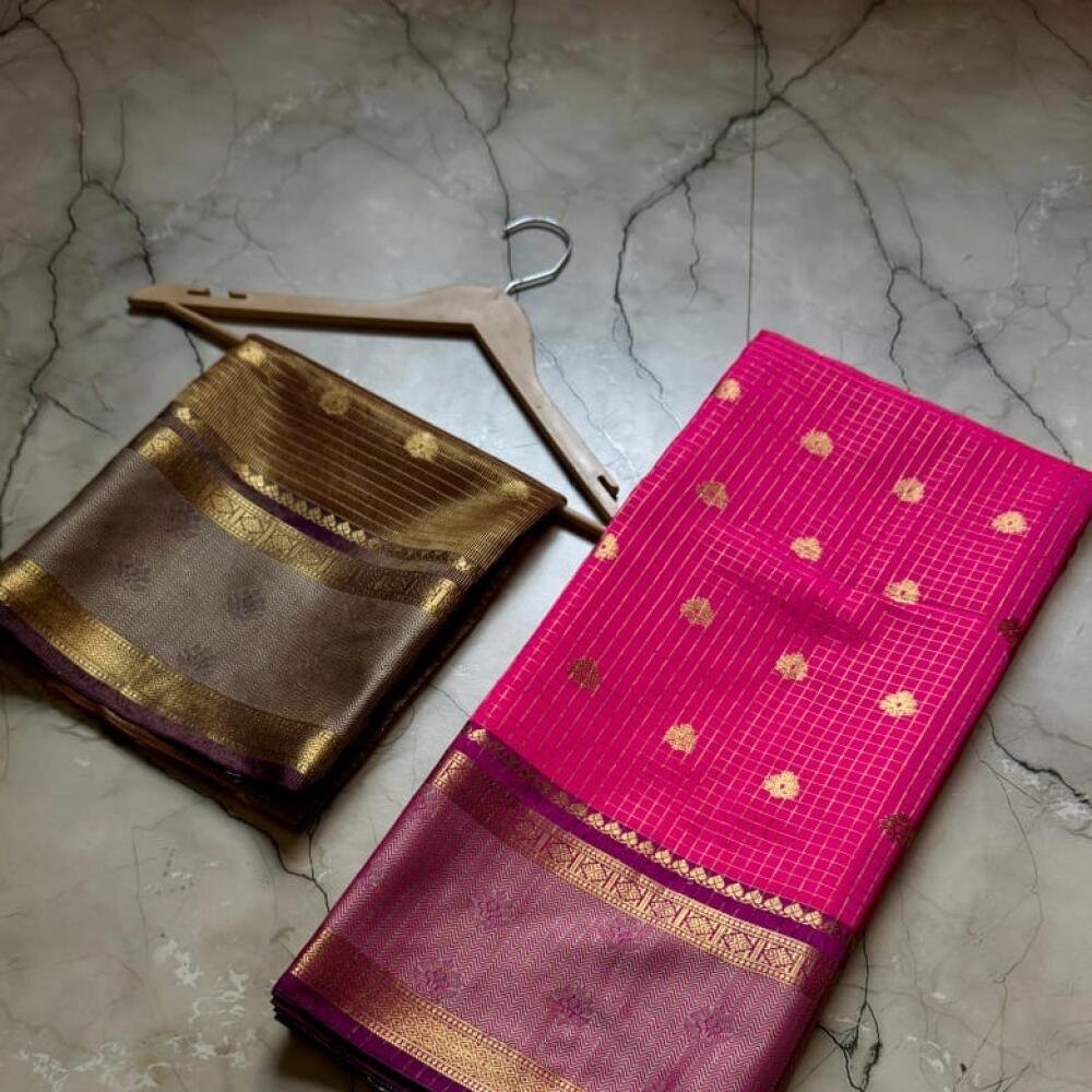 Banarasi Semi Katan Soft Zari Check Buti Silk Saree